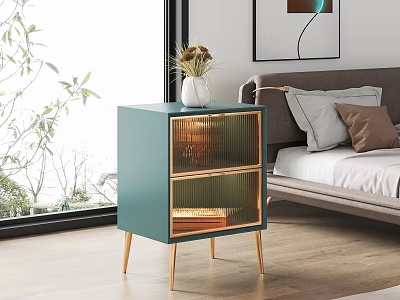 Teal Nightstand with Gold Accents Glass Doors in Modern Bedroom with Pillows Plant by Window 3d model
