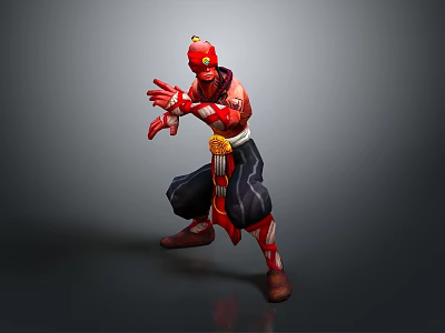 Red Demon Warrior 3D Character in Fighting Stance with Muscular Build and Golden Belt 3d model