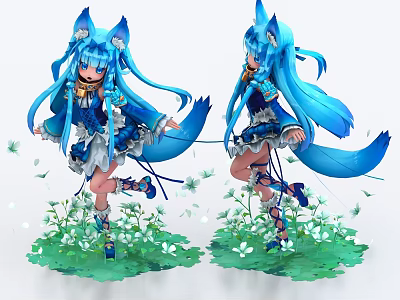 Woman standing in grass with blue hair fox ears two tails white flowers blue dress 3d model