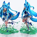 Woman standing in grass with blue hair fox ears two tails white flowers blue dress