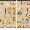 Stuffed Animal Dolls Neatly Arranged On Wooden Grid Shelf With Varied Styles