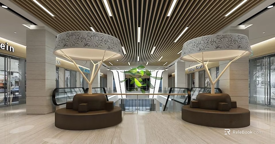 Contemporary Shopping Mall Lobby With Wooden Slat Ceiling Pendant Lights And Round Brown Sofas 3d model 