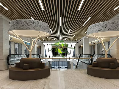Contemporary Shopping Mall Lobby With Wooden Slat Ceiling Pendant Lights And Round Brown Sofas 3d model