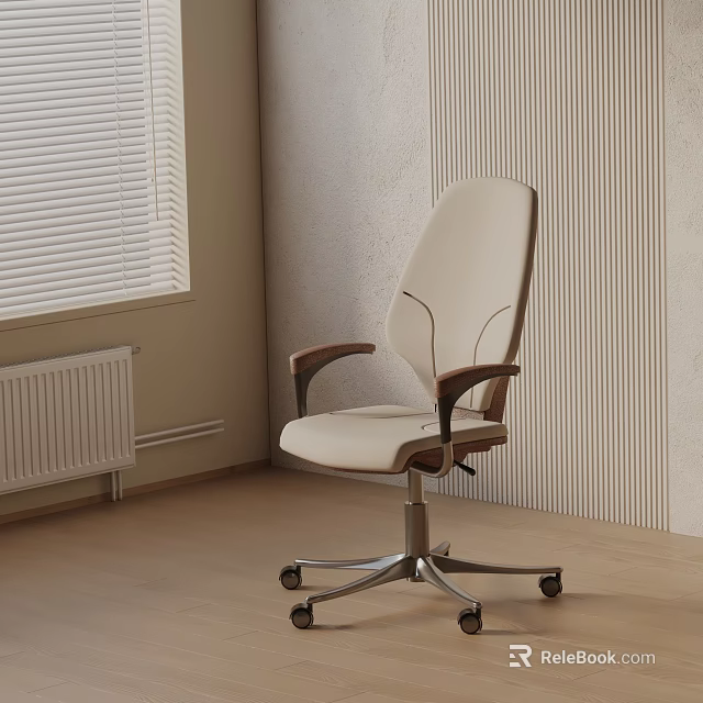 Beige Modern Office Chair With Wooden Armrests And Swivel Wheels For Comfort 3d model 