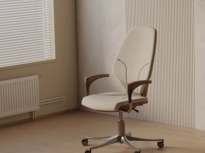 Beige Modern Office Chair With Wooden Armrests And Swivel Wheels For Comfort 3d model