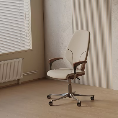 Beige Modern Office Chair With Wooden Armrests And Swivel Wheels For Comfort 3d model