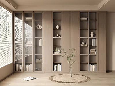 Modern Minimalist Bookcase Design With Open Wooden Shelves Books And Decor Items 3d model