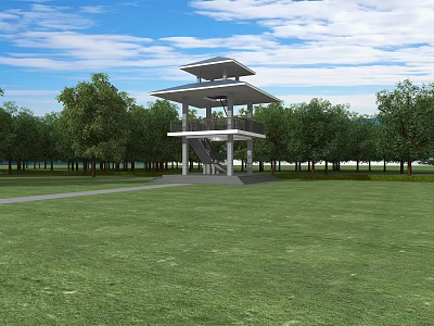 Modern Tower with Open Platform Design on Green Lawn Surrounded by Trees Under Blue Sky 3d model