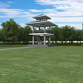 Modern Tower with Open Platform Design on Green Lawn Surrounded by Trees Under Blue Sky