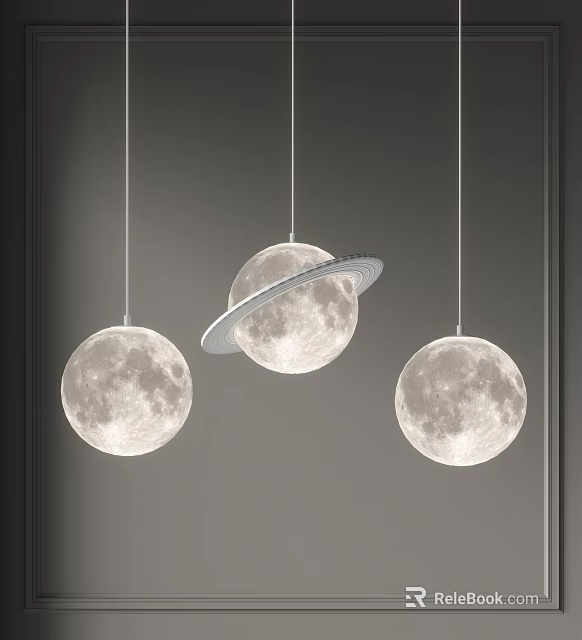 Set of Three Modern Moon Shaped Pendant Lights With Saturn Ring Design 3d model 