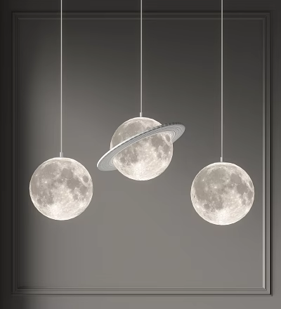 Set of Three Modern Moon Shaped Pendant Lights With Saturn Ring Design 3d model