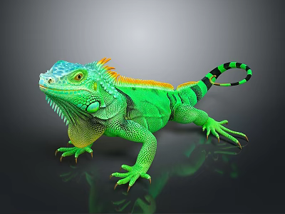 Green Iguana With Vibrant Color Orange Frills And Striped Tail On Dark Background 3d model
