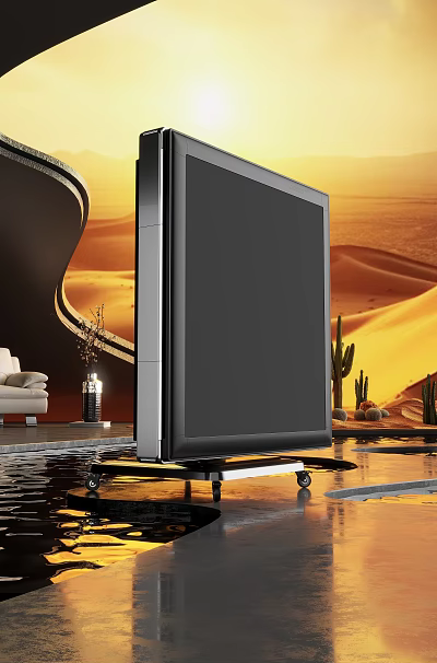 Black TV on Wheeled Stand in Modern Living Room with Desert Landscape Background 3d model