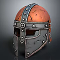 Medieval Warrior Helmet With Metal Leather Riveted Design And Scratched Surface