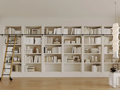 Modern White Bookshelf With Multiple Shelves Filled With Books And Ladder 3d model