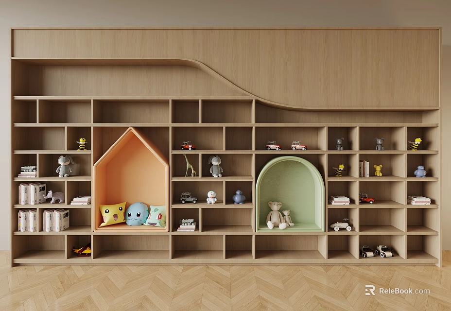 Wooden Decorative Cabinet In Kids Room With Toys Books And Playful Compartments 3d model 