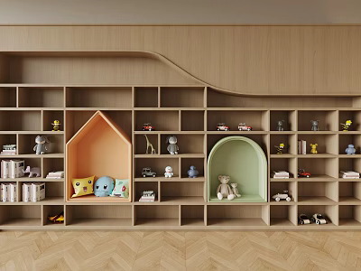 Wooden Decorative Cabinet In Kids Room With Toys Books And Playful Compartments 3d model