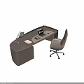 Modern Office Desk Setup With Beige Chair Desk Lamp Laptop Coffee Cup And Drawers