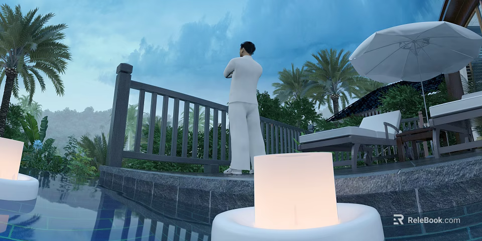 Tropical Garden Landscape With Person Standing By Railing Palm Trees Lounger And Swimming Pool 3d model 