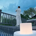 Tropical Garden Landscape With Person Standing By Railing Palm Trees Lounger And Swimming Pool