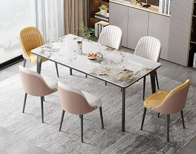 Modern Dining Table Set With Marble Pattern Top Yellow And Pink Chairs Black Legs 3d model