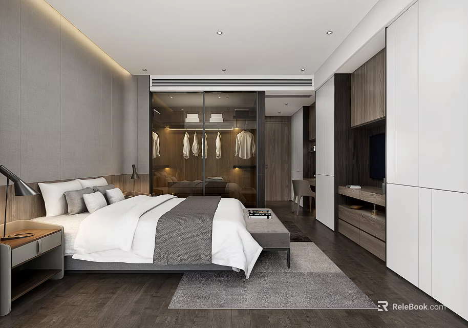 Modern Hotel Guest Room Interior With King Bed Nightstand TV And Wardrobe 3d model 