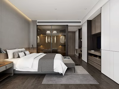 Modern Hotel Guest Room Interior With King Bed Nightstand TV And Wardrobe 3d model