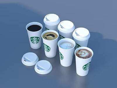 Starbucks Assorted Coffee Drinks In Paper Cups With Lids And Latte Art 3d model