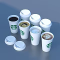 Starbucks Assorted Coffee Drinks In Paper Cups With Lids And Latte Art