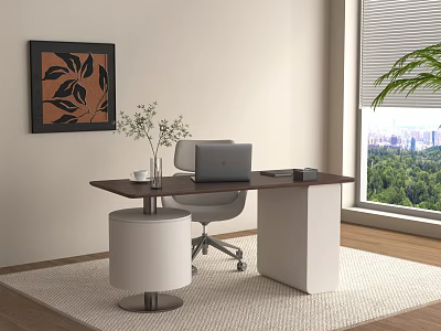 Modern Desk and Chair Set with Laptop Vase Plant White Stool Decorative Painting City View 3d model