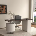 Modern Desk and Chair Set with Laptop Vase Plant White Stool Decorative Painting City View