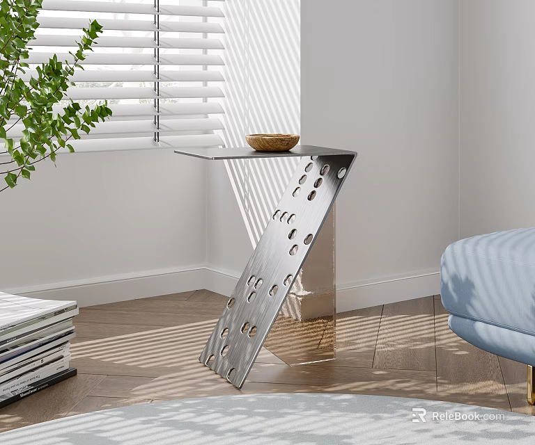 Modern Metal Side Table With Perforated Design In Living Room Sunlight And Green Plant 3d model 