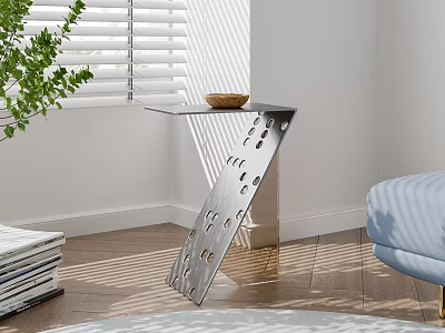 Modern Metal Side Table With Perforated Design In Living Room Sunlight And Green Plant 3d model
