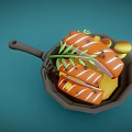 Grilled Sausages In Frying Pan With Herbs Lemon Slices And Flames On Blue Background