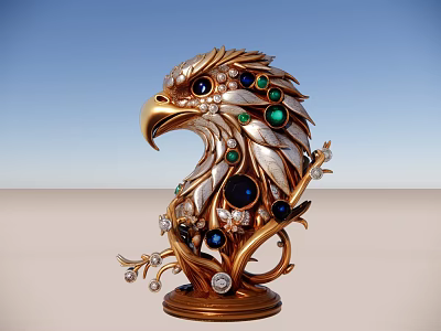 Handcrafted Gold Silver Eagle Head Sculpture With Precious Gemstones And Exquisite Base Design 3d model