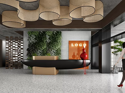 Modern Front Desk Reception Area With Living Plant Wall LOGO Backdrop And Pendant Lights 3d model