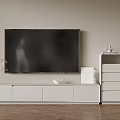 Modern Living Room TV Wall Setup With White TV Stand Decorative Cabinet And Wooden Floor