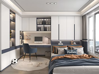 Modern Kids Room Interior With Desk Computer Navy Chair Bed Soccer Ball And Bookshelf 3d model
