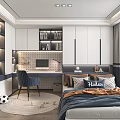 Modern Kids Room Interior With Desk Computer Navy Chair Bed Soccer Ball And Bookshelf