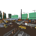 Active Construction Site With Cranes Vehicles Materials And High Rise Buildings 3d model