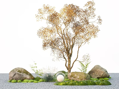 Natural Plant Combination with Golden Leaf Tree Large Rocks Pebble Ground and Green Moss 3d model