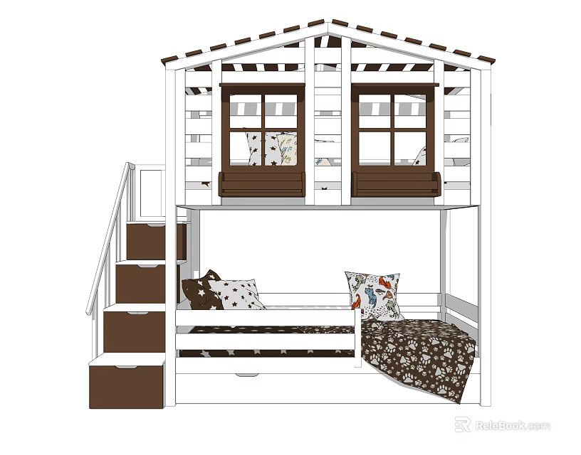 Wooden Bunk Bed With White Frame Stairs Storage Drawers And Cushioned Lower Mattress 3d model 