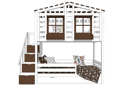 Wooden Bunk Bed With White Frame Stairs Storage Drawers And Cushioned Lower Mattress 3d model