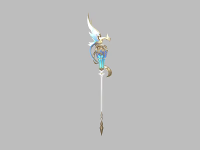 Winged Blue And Gold Spear Weapon With Feathered Top And Crystal Accents 3d model