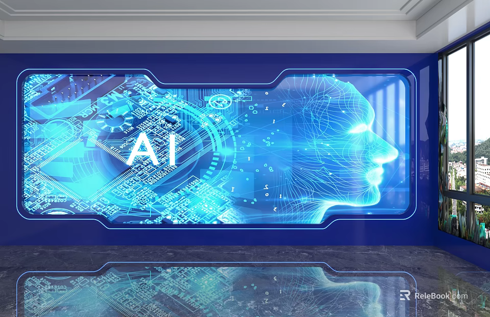 Blue Tech Background Wall Design With AI Elements Circuit Board Patterns And Human Face Outline 3d model