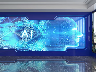 Blue Tech Background Wall Design With AI Elements Circuit Board Patterns And Human Face Outline 3d model