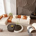 Modern Sofa And Coffee Table Set With Beige Upholstery Orange Pillows Textured Wall And Fireplace