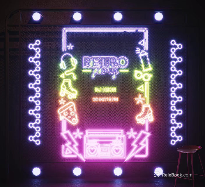 Retro Neon Decorative Lights With Rollerskates Cassette Tape And DJ Music Elements 3d model 