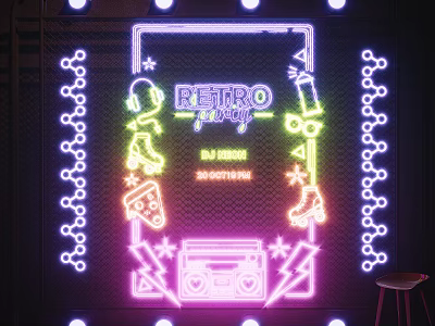 Retro Neon Decorative Lights With Rollerskates Cassette Tape And DJ Music Elements 3d model