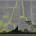 Indoor Landscape With Gray Stone Wall Green Moss Plants Bonsai Pine And Wooden Floor